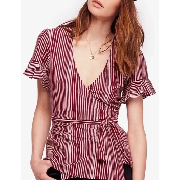 Free People Wrapped Around My Finger Top Ruffle Sleeve Burgundy V Neck Tie Boho - Picture 1 of 7